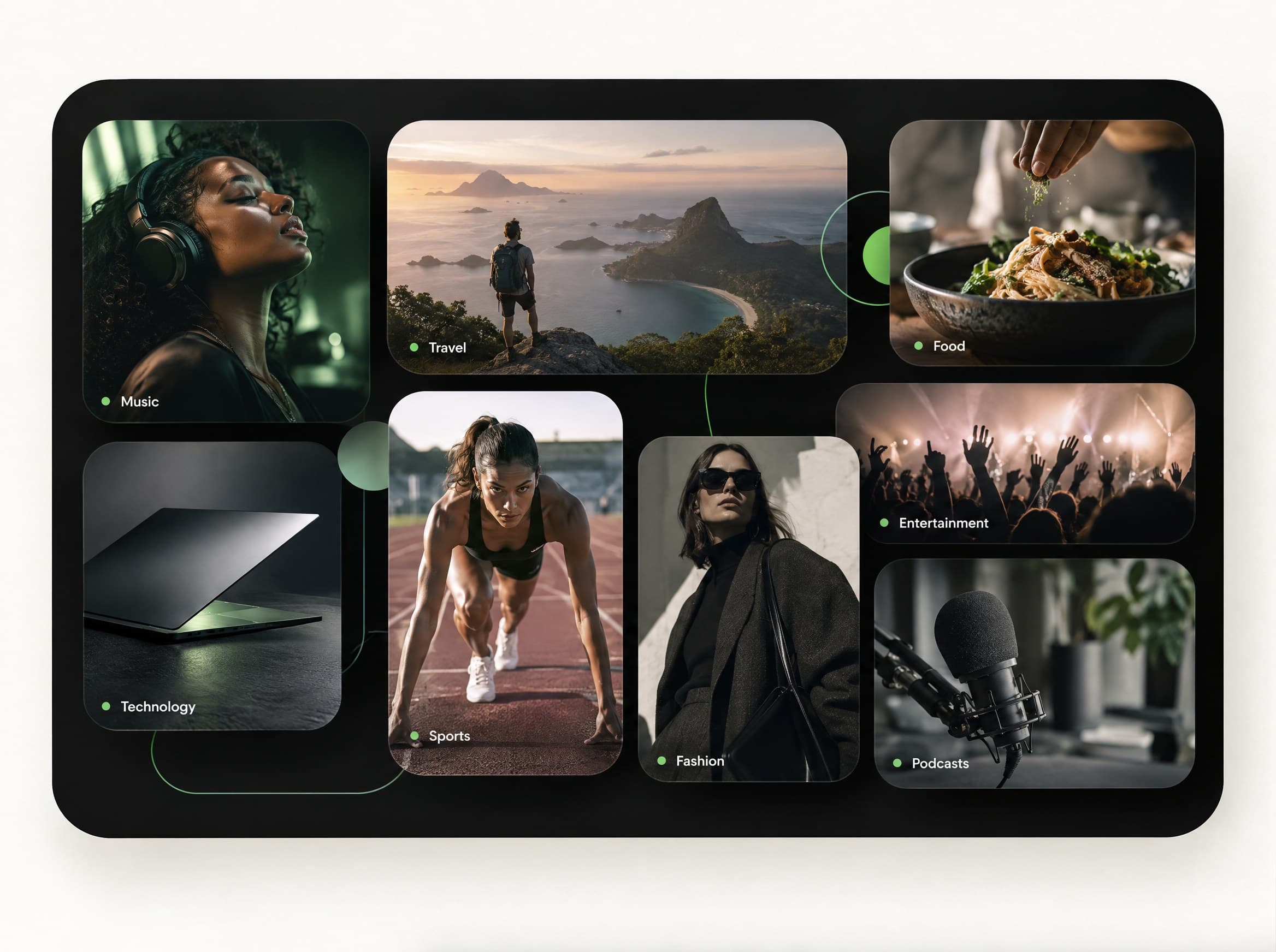 MeTubez content categories: music, travel, food, technology, sports, fashion, entertainment and podcasts